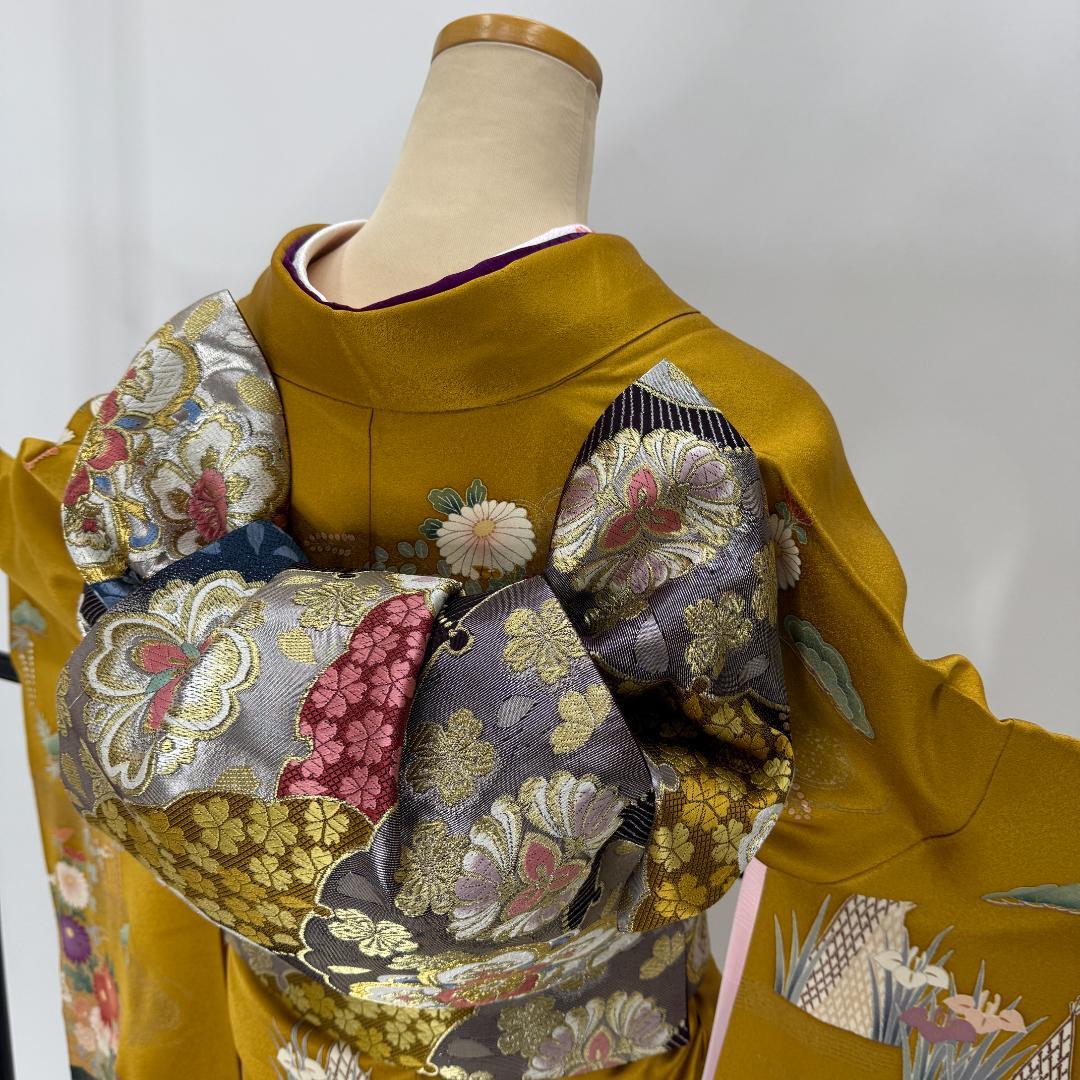 振袖フルセット マスタード色 成人式 草履バック付 裄68cm S-214