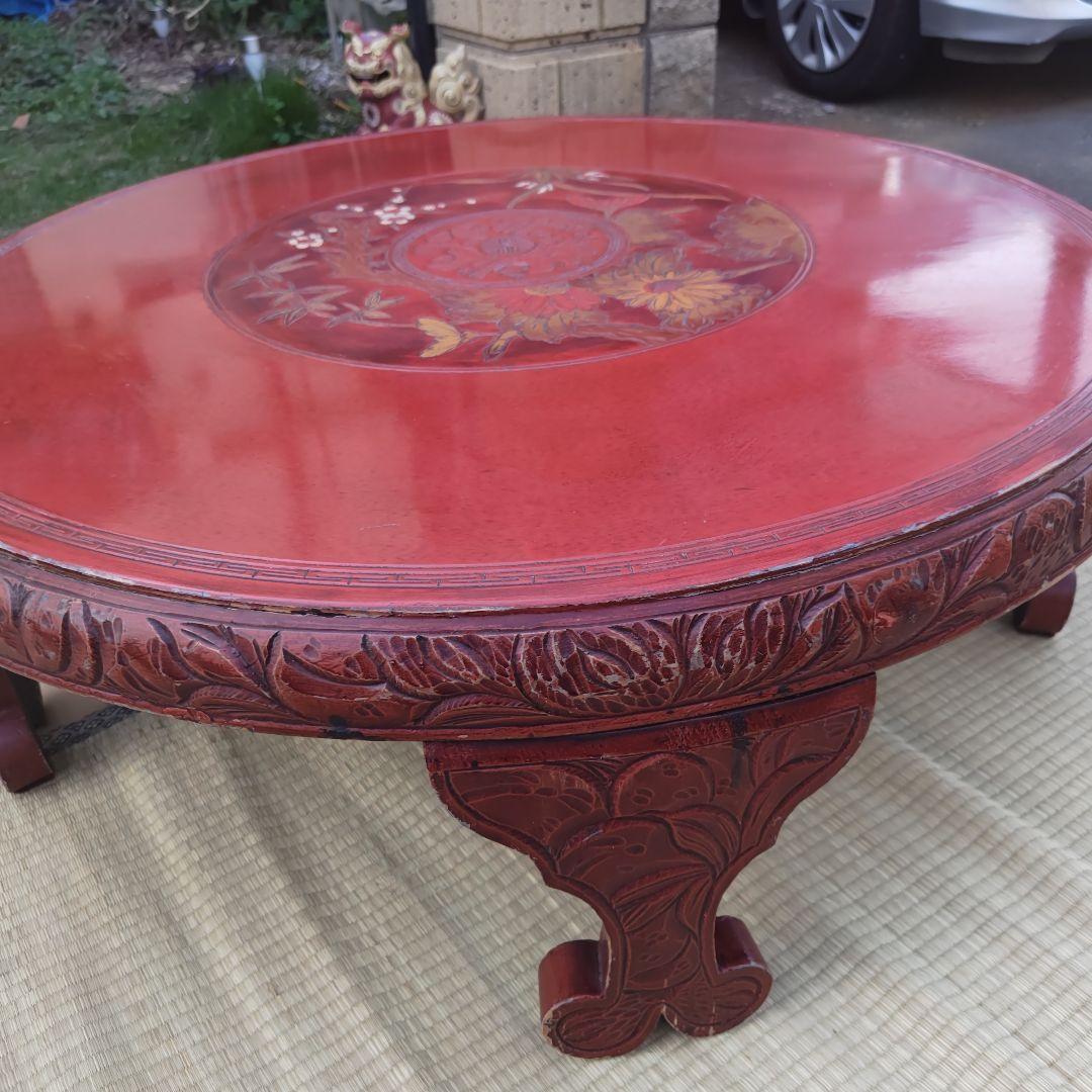 昭和レトロ 大正ロマン 朱色 花柄彫 木製座卓 ちゃぶ台 当時物