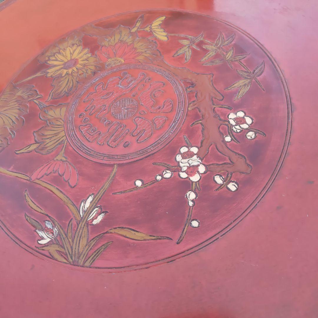 昭和レトロ 大正ロマン 朱色 花柄彫 木製座卓 ちゃぶ台 当時物