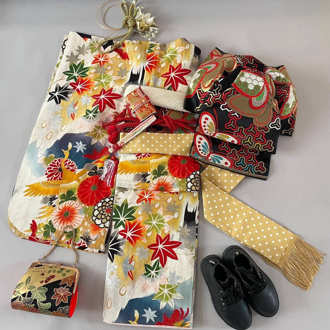 七五三 アンティークお着物セット 5.6歳さん向き　花柄・黒ブーツ　髪飾り付
