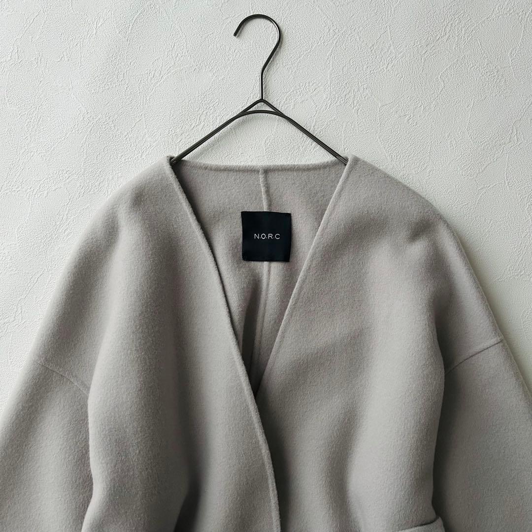 2944Z 美品 ノーク ロングリバーコート ノーカラー ベルト付き 毛 S