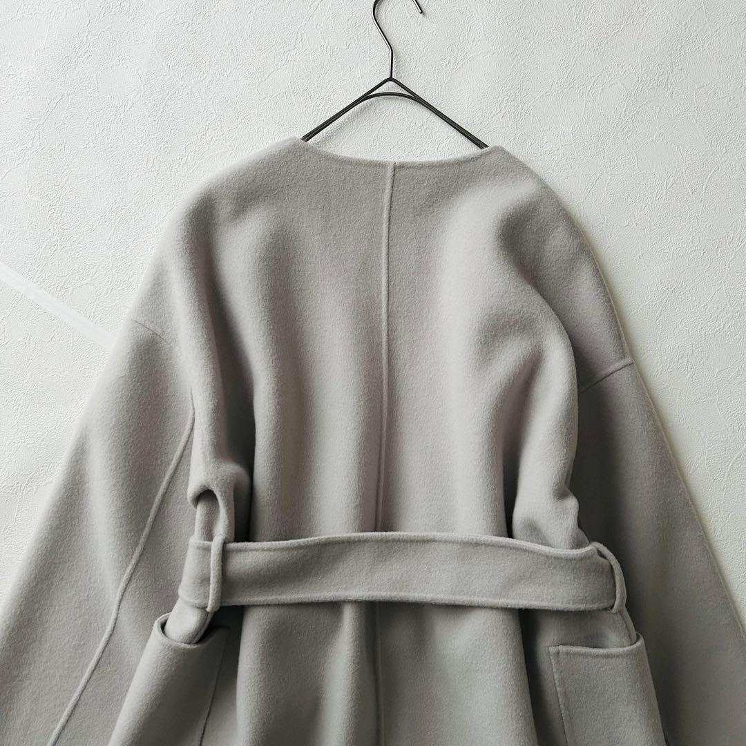 2944Z 美品 ノーク ロングリバーコート ノーカラー ベルト付き 毛 S