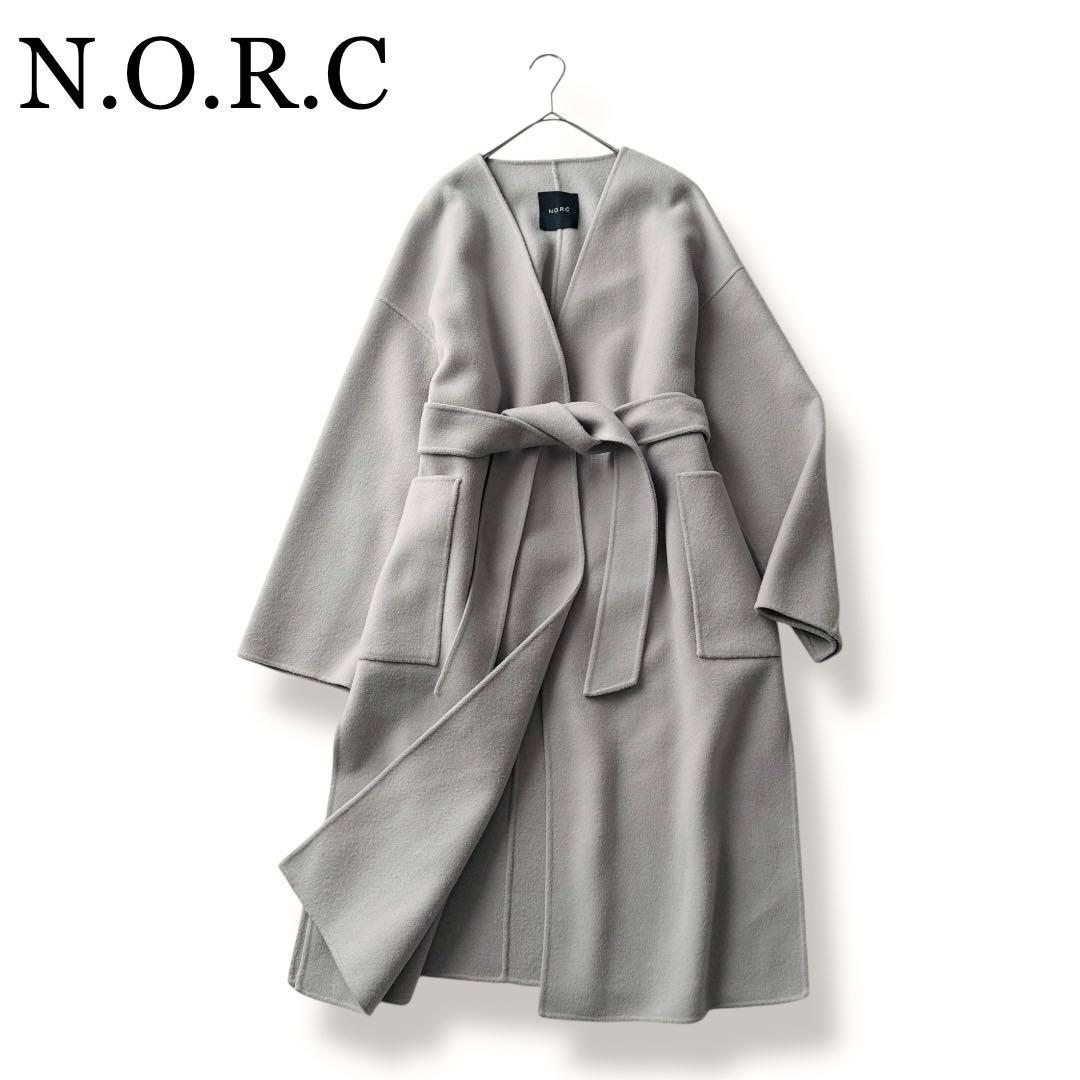 2944Z 美品 ノーク ロングリバーコート ノーカラー ベルト付き 毛 S