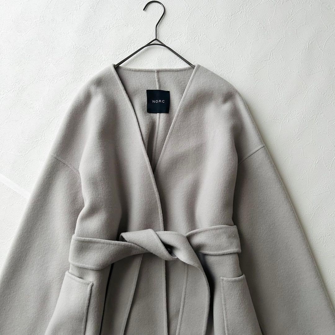 2944Z 美品 ノーク ロングリバーコート ノーカラー ベルト付き 毛 S