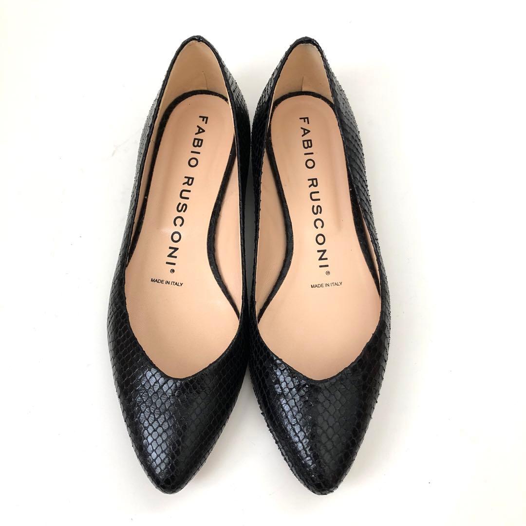 FABIO RUSCONI ★ポインテッドフラットパンプス　型押しブラック　37