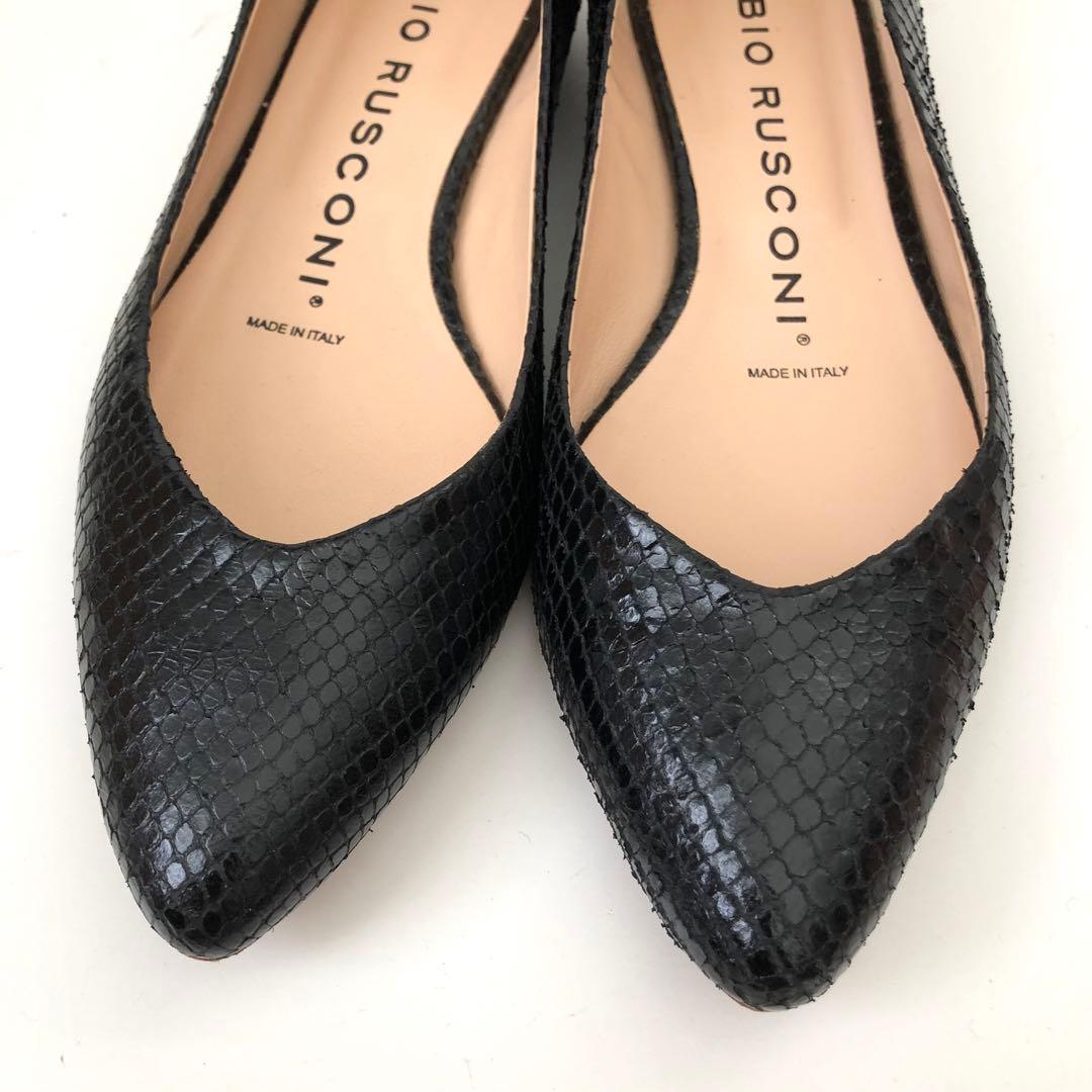 FABIO RUSCONI ★ポインテッドフラットパンプス　型押しブラック　37