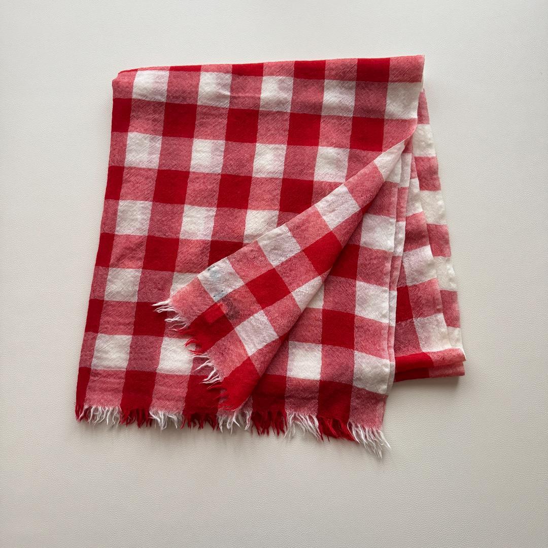美品　コムデギャルソン　トリコ　チェック柄大判ストール 赤×白　インド製　ウール