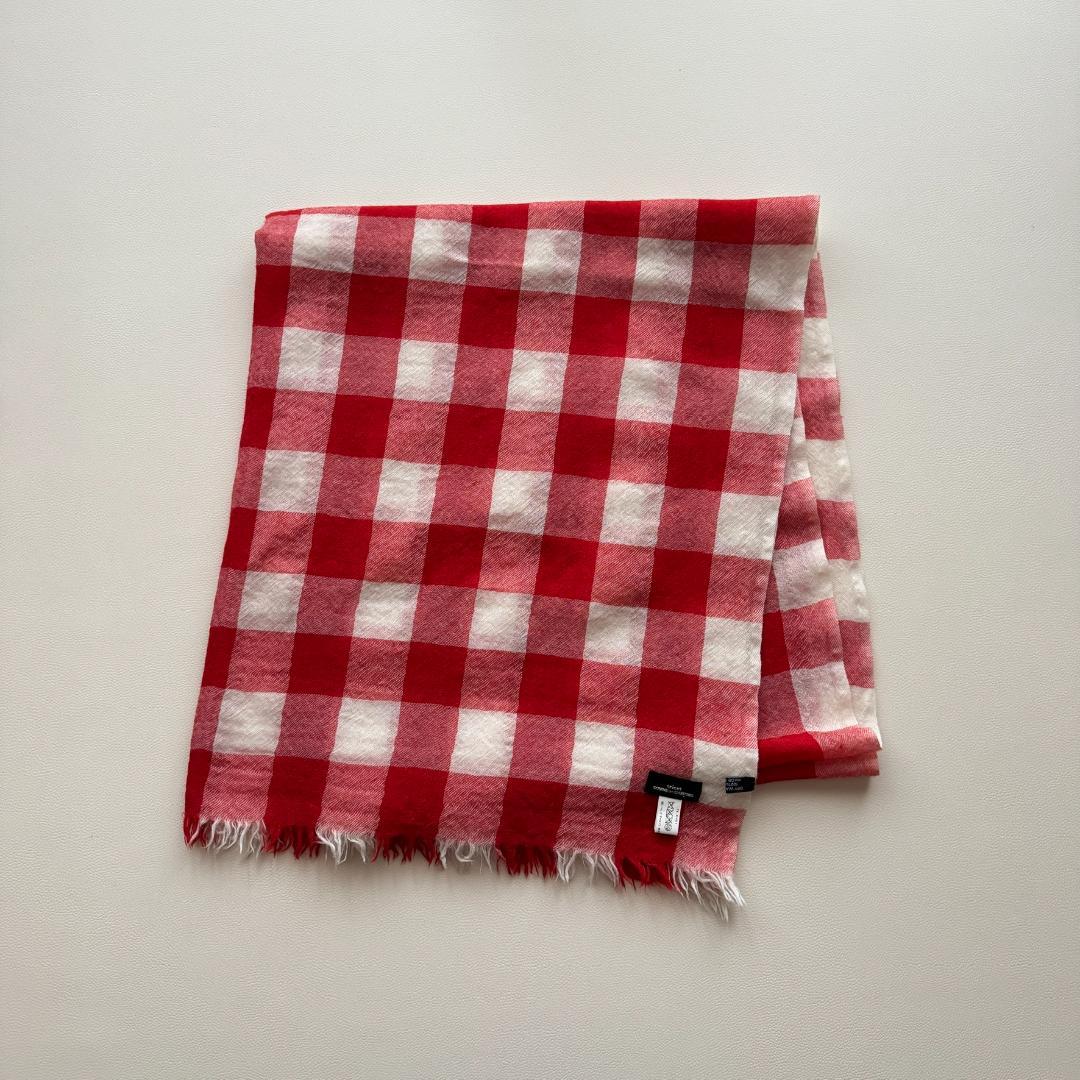 美品　コムデギャルソン　トリコ　チェック柄大判ストール 赤×白　インド製　ウール