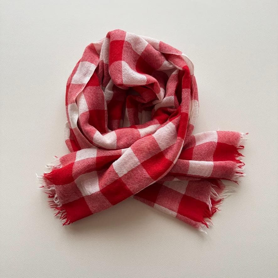 美品　コムデギャルソン　トリコ　チェック柄大判ストール 赤×白　インド製　ウール