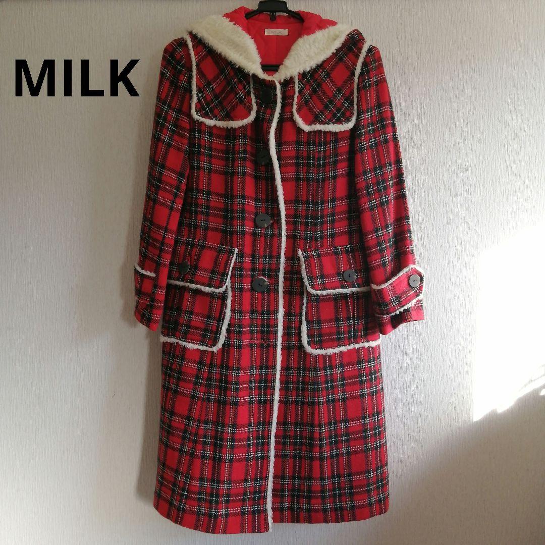 MILK タータンチェック ロングコート 90s レッド FREE