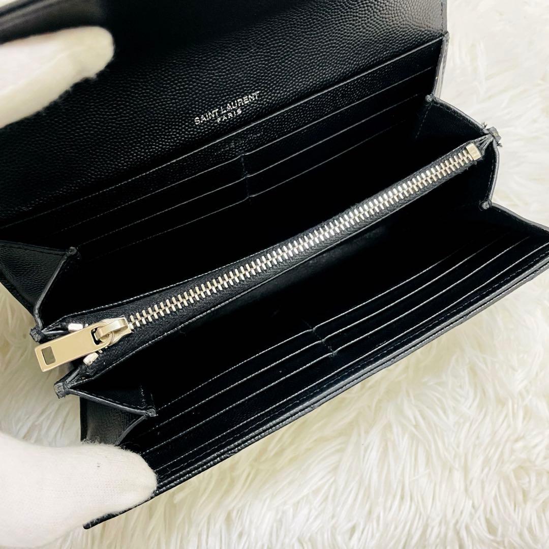 極美✨サンローラン 長財布 レザー Vステッチ キルティング ブラック シルバー