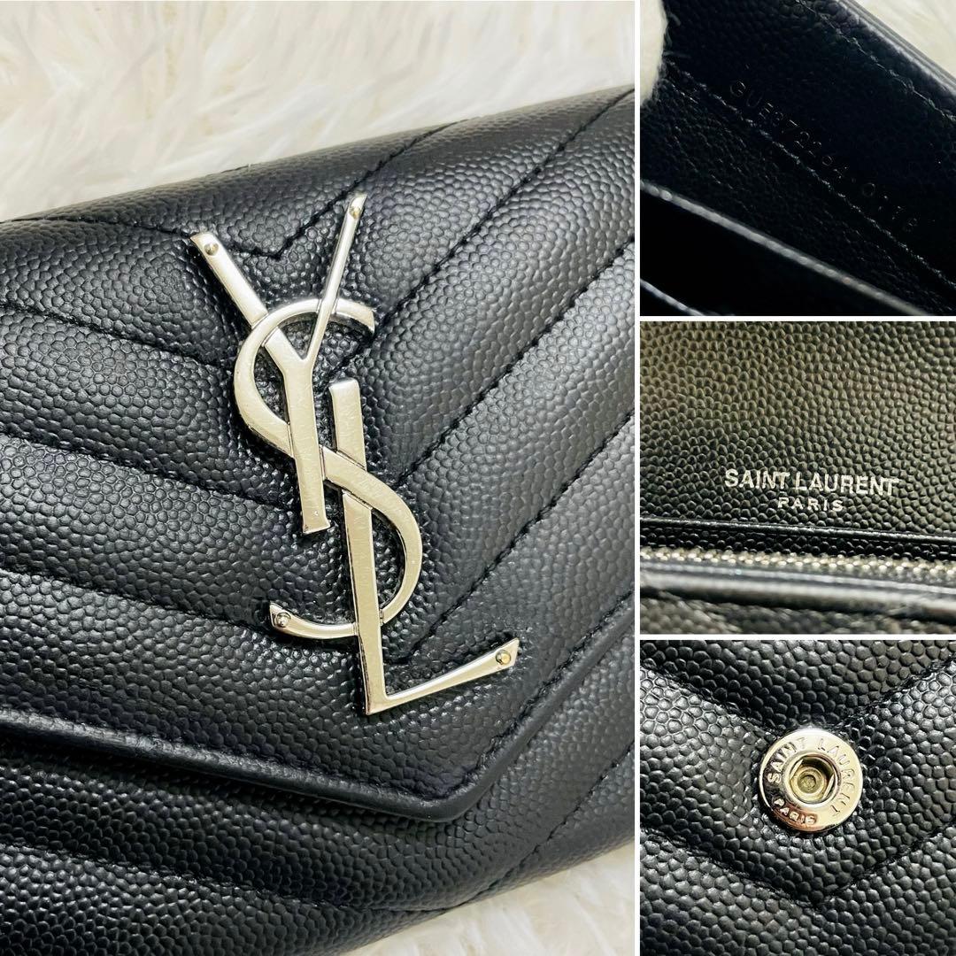 極美✨サンローラン 長財布 レザー Vステッチ キルティング ブラック シルバー