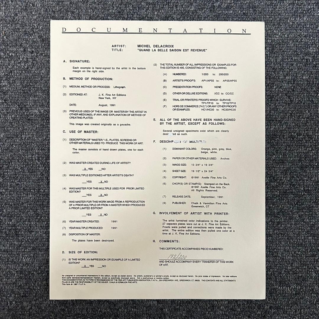 美品 ミッシェル・ドラクロワ「美しい季節」リトグラフ 直筆サイン入 作品保証書有