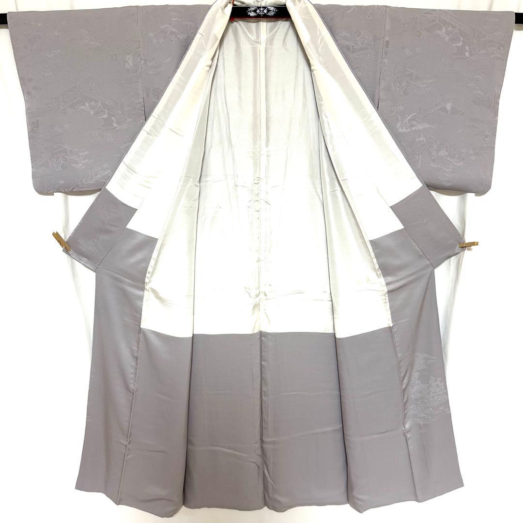 5k3091 着物　正絹　袷　色無地　一つ紋　家紋　グレー　地紋　無地　和装