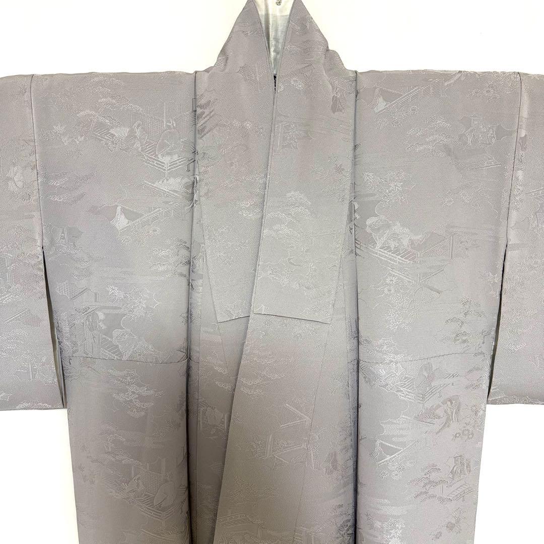 5k3091 着物　正絹　袷　色無地　一つ紋　家紋　グレー　地紋　無地　和装