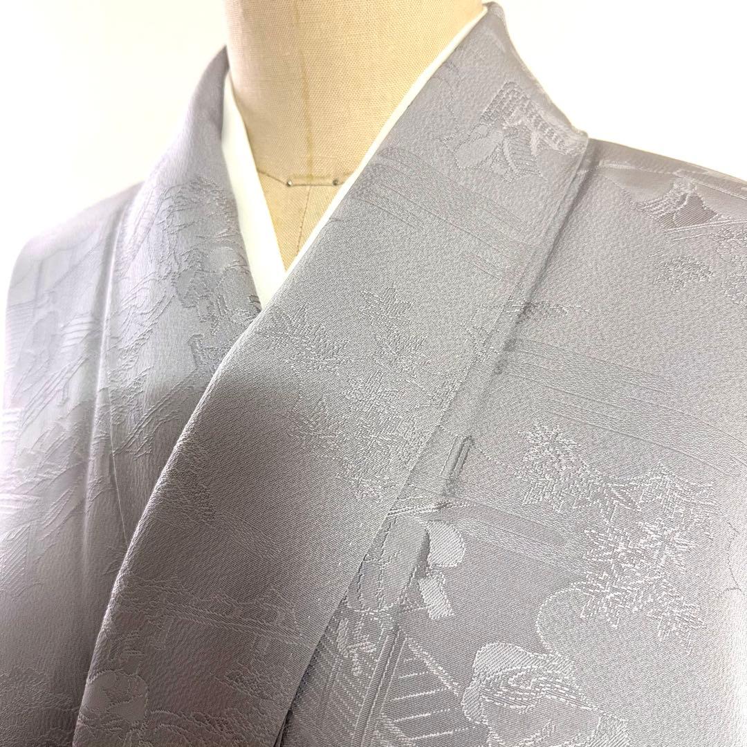 5k3091 着物　正絹　袷　色無地　一つ紋　家紋　グレー　地紋　無地　和装