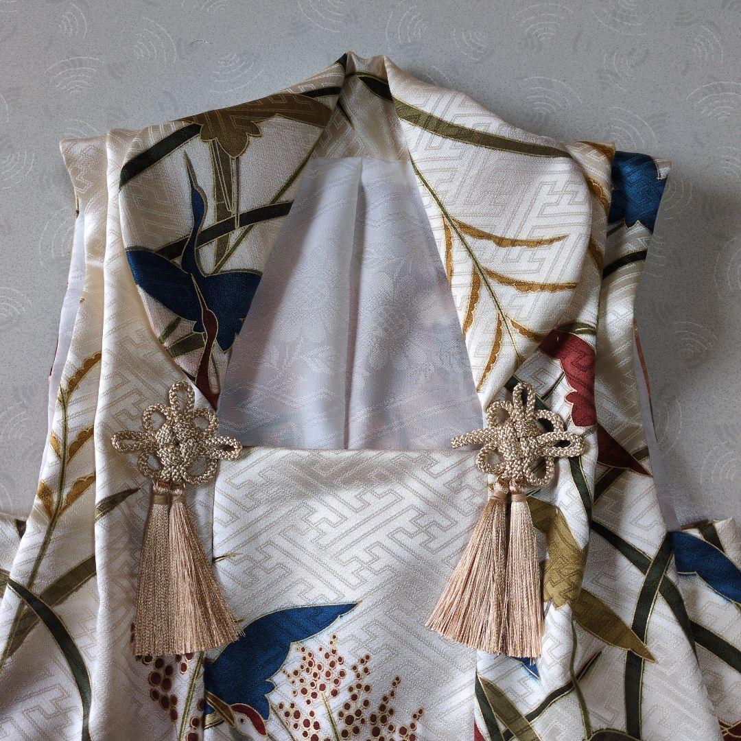 七五三３歳男の子の個性的な正絹鶴柄手縫いの被布(中綿無し）