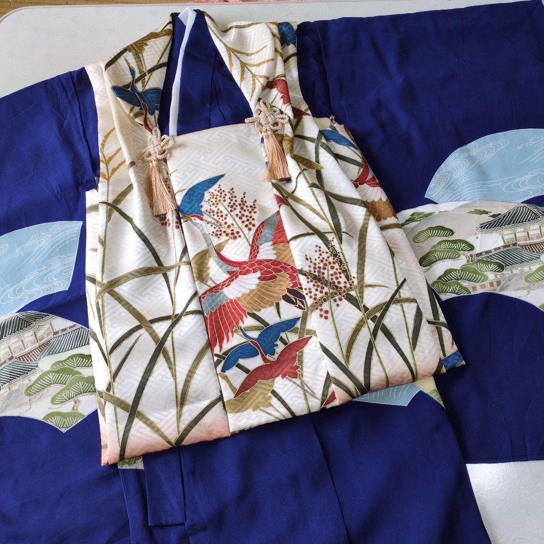 七五三３歳男の子の個性的な正絹鶴柄手縫いの被布(中綿無し）