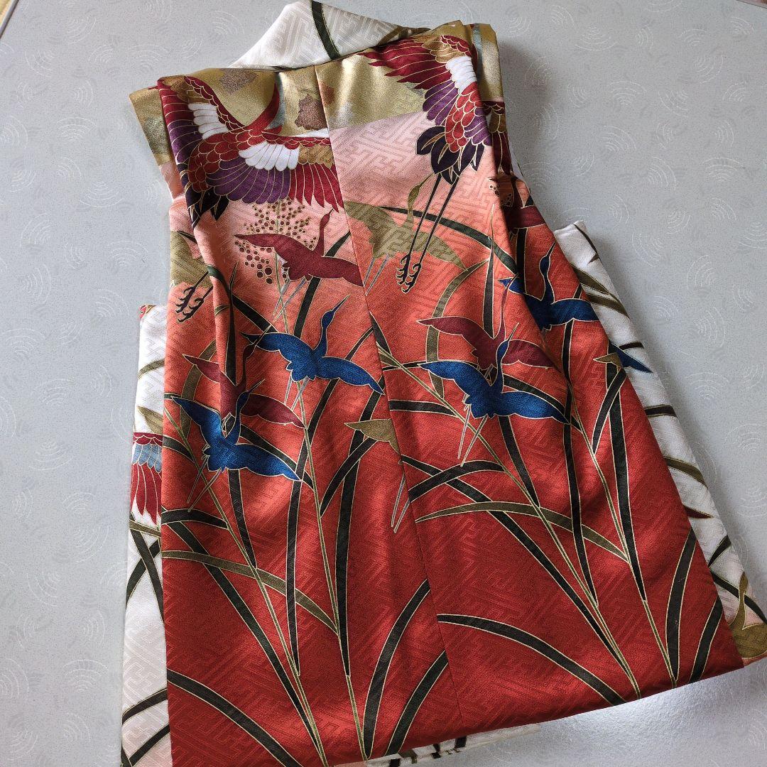 七五三３歳男の子の個性的な正絹鶴柄手縫いの被布(中綿無し）