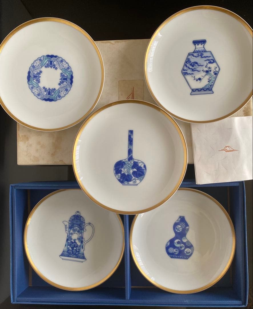 未使用品◆深川製磁 ブルーチャイナ丸サービス皿揃 5枚セット デザート皿 銘々皿