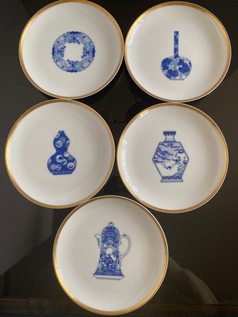 未使用品◆深川製磁 ブルーチャイナ丸サービス皿揃 5枚セット デザート皿 銘々皿