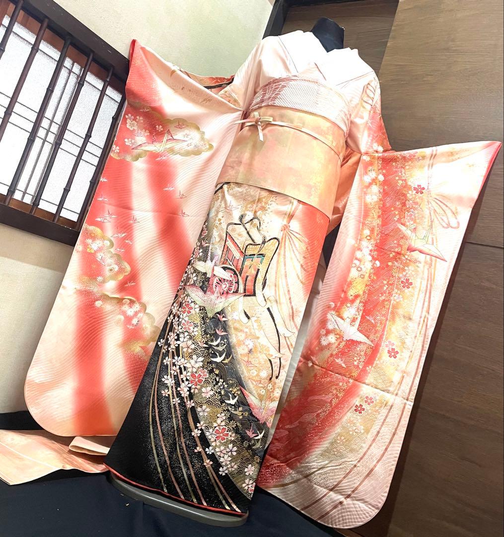 振袖 フルセット6点サイズM〜Ｌ駒刺繍　御所車花文折り鶴　暈し染め金銀彩　正絹