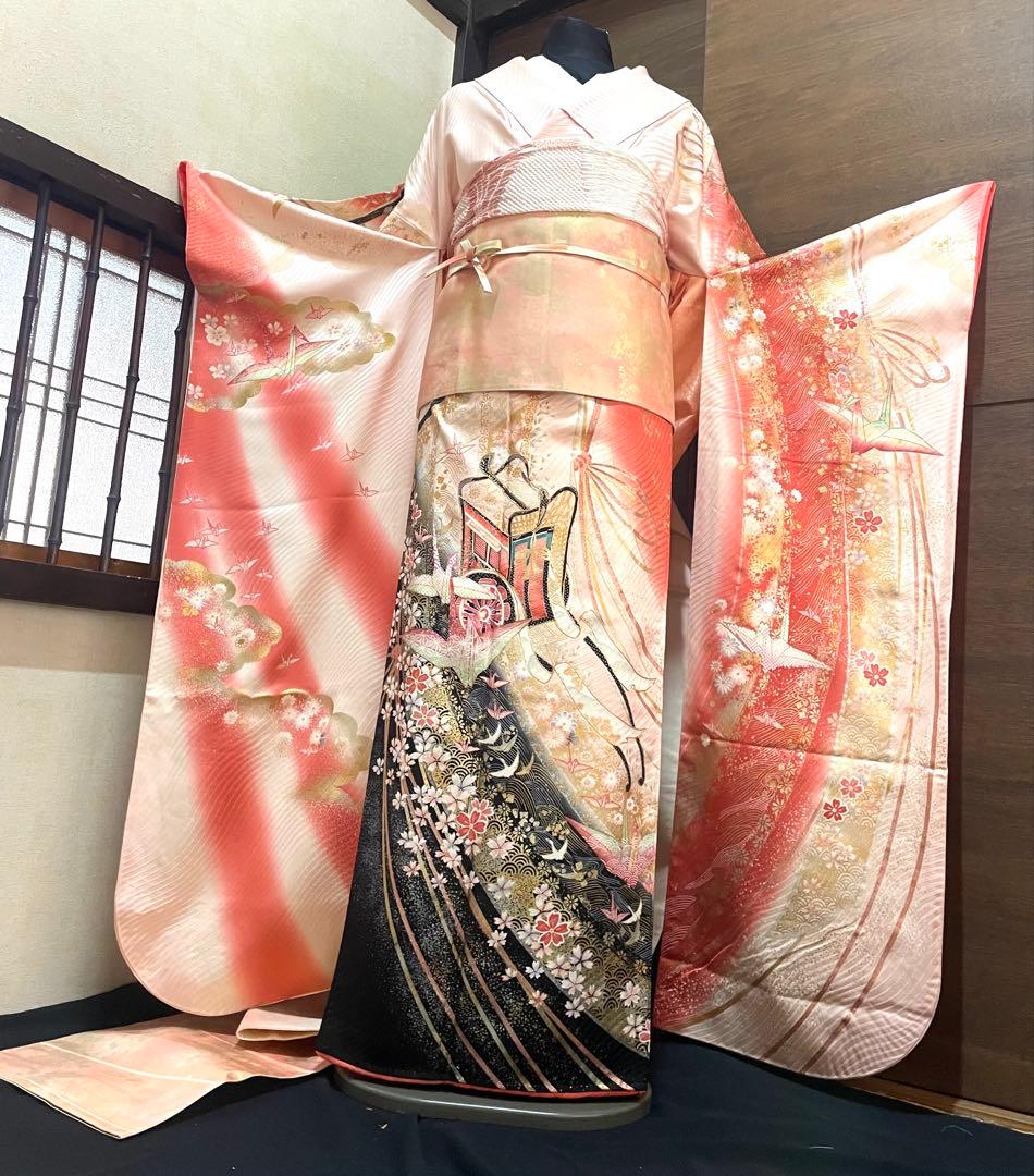 振袖 フルセット6点サイズM〜Ｌ駒刺繍　御所車花文折り鶴　暈し染め金銀彩　正絹