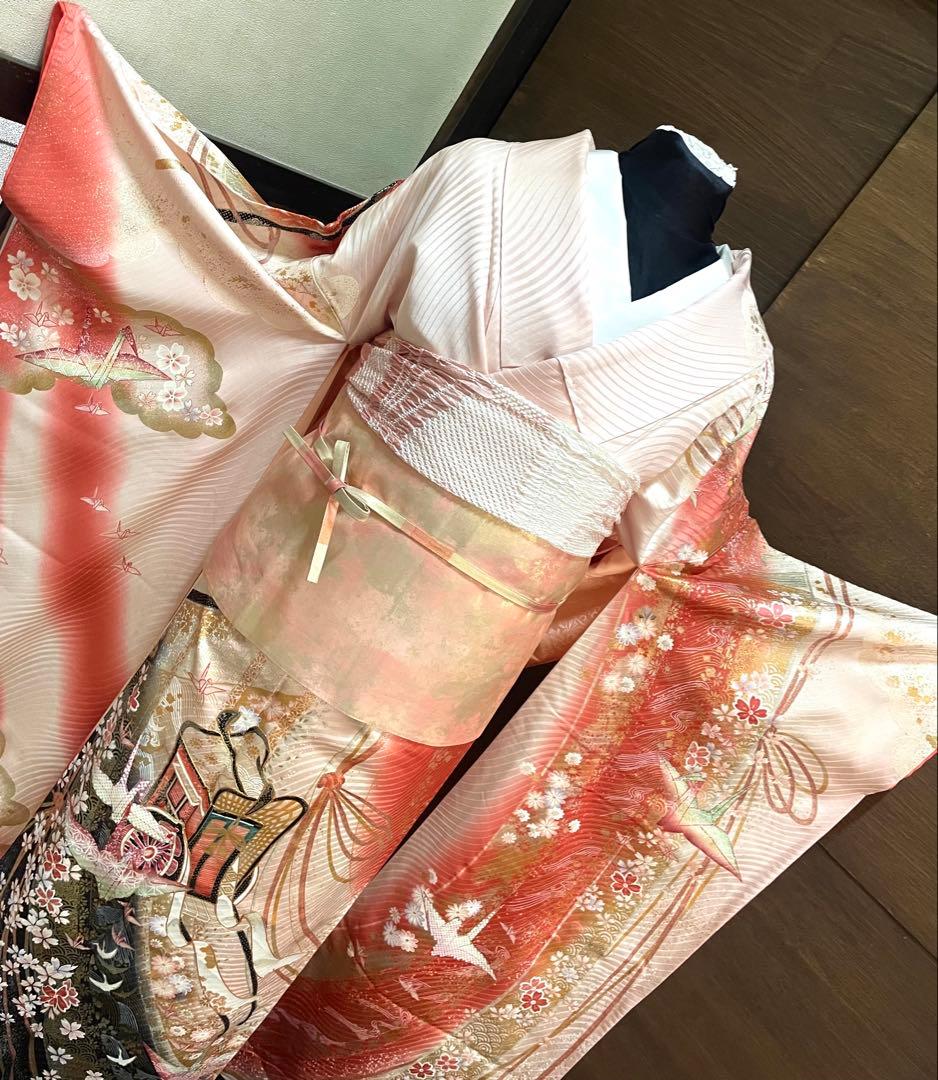 振袖 フルセット6点サイズM〜Ｌ駒刺繍　御所車花文折り鶴　暈し染め金銀彩　正絹