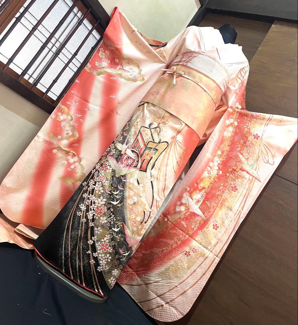 振袖 フルセット6点サイズM〜Ｌ駒刺繍　御所車花文折り鶴　暈し染め金銀彩　正絹