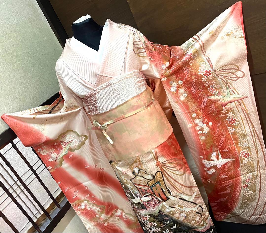 振袖 フルセット6点サイズM〜Ｌ駒刺繍　御所車花文折り鶴　暈し染め金銀彩　正絹