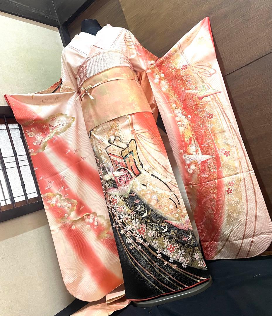 振袖 フルセット6点サイズM〜Ｌ駒刺繍　御所車花文折り鶴　暈し染め金銀彩　正絹