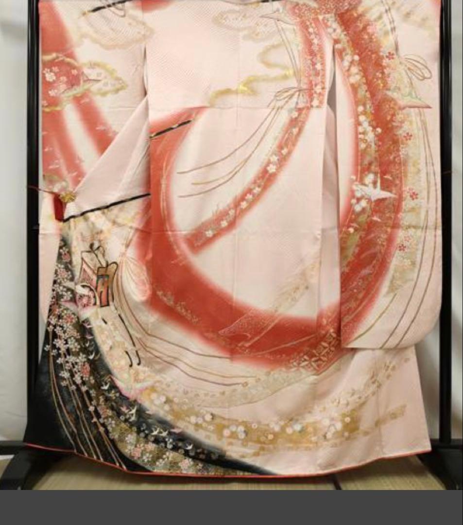 振袖 フルセット6点サイズM〜Ｌ駒刺繍　御所車花文折り鶴　暈し染め金銀彩　正絹