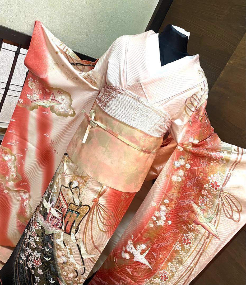 振袖 フルセット6点サイズM〜Ｌ駒刺繍　御所車花文折り鶴　暈し染め金銀彩　正絹