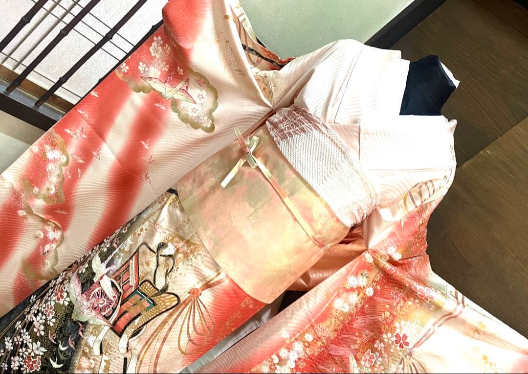 振袖 フルセット6点サイズM〜Ｌ駒刺繍　御所車花文折り鶴　暈し染め金銀彩　正絹