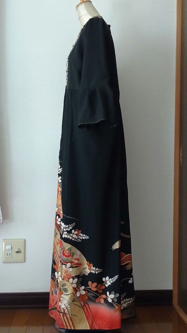 着物リメイクワンピース 留袖ドレス萩と菊 落款あり作家物