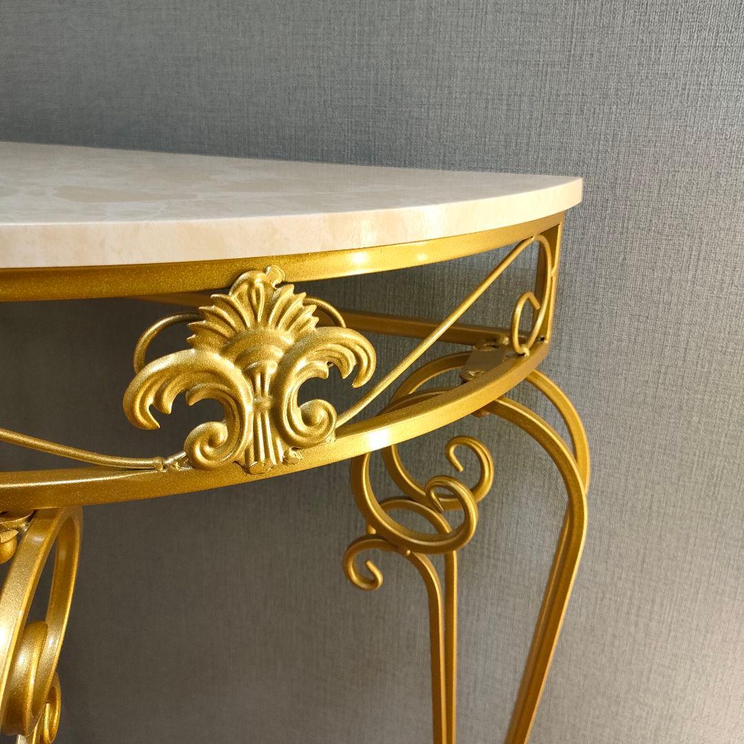 ゴールドアイアン×大理石風天板 コンソールテーブル アンティーク調 半円型