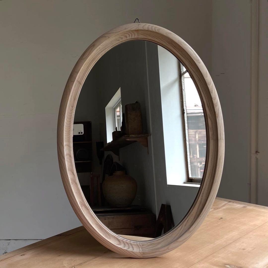 アンティーク　古い木枠オーバルミラー　鏡　壁掛け　レトロ　アトリエ　古道具