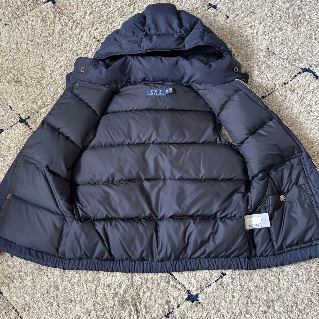 【極美品✨】ポロラルフローレン　ダウンベスト　フード　レザー　ポニー刺繍　紺色