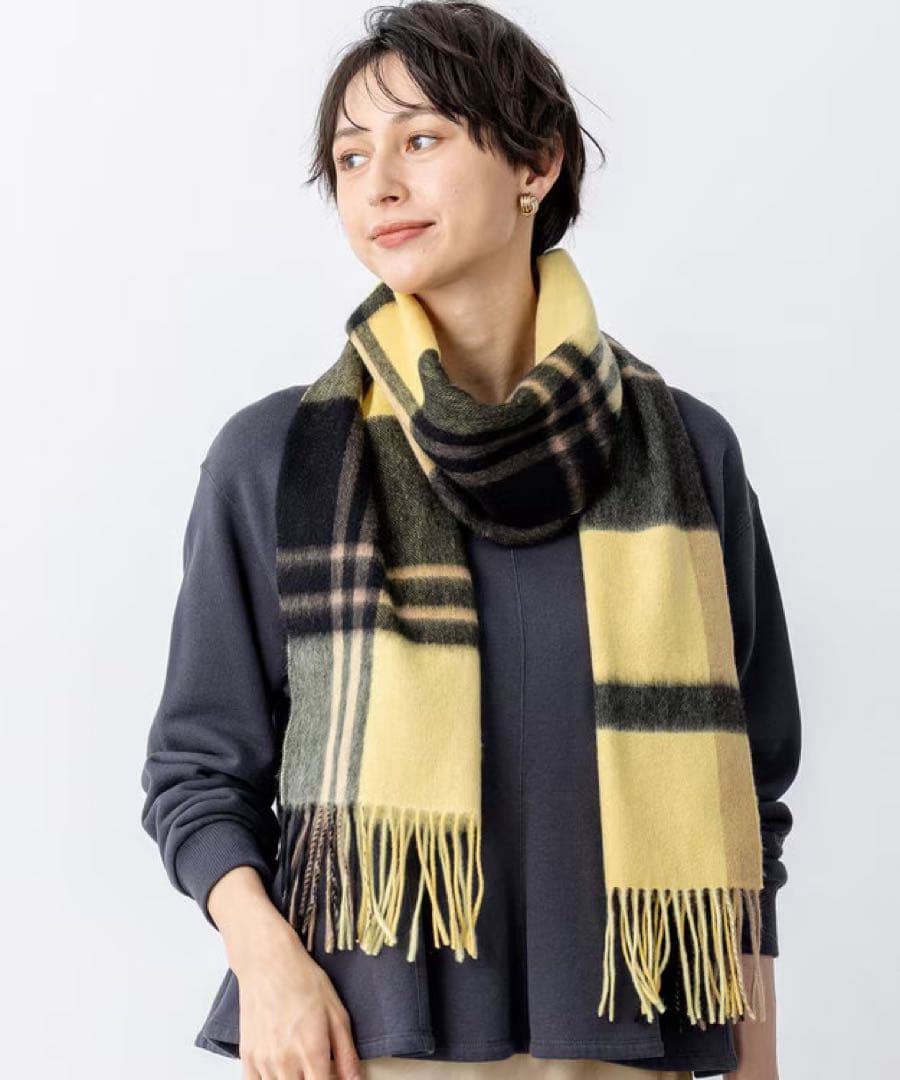 23区カシミヤ100%チェック柄マフラー: イエロー(#340) 2025AW