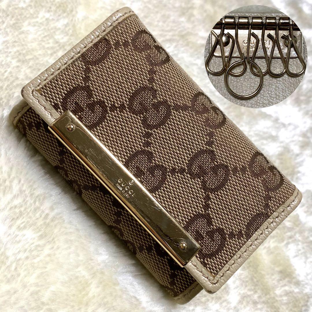 未使用保管品✨グッチ　6連キーケース GGキャンバス総柄　ゴールド金具　白レザー