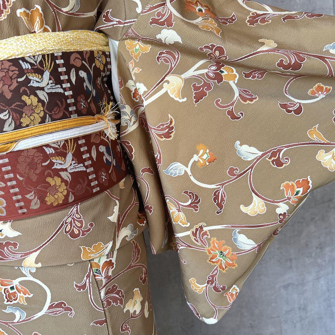 小紋　フルセット　着物　正絹　唐草　マスタードイエロー