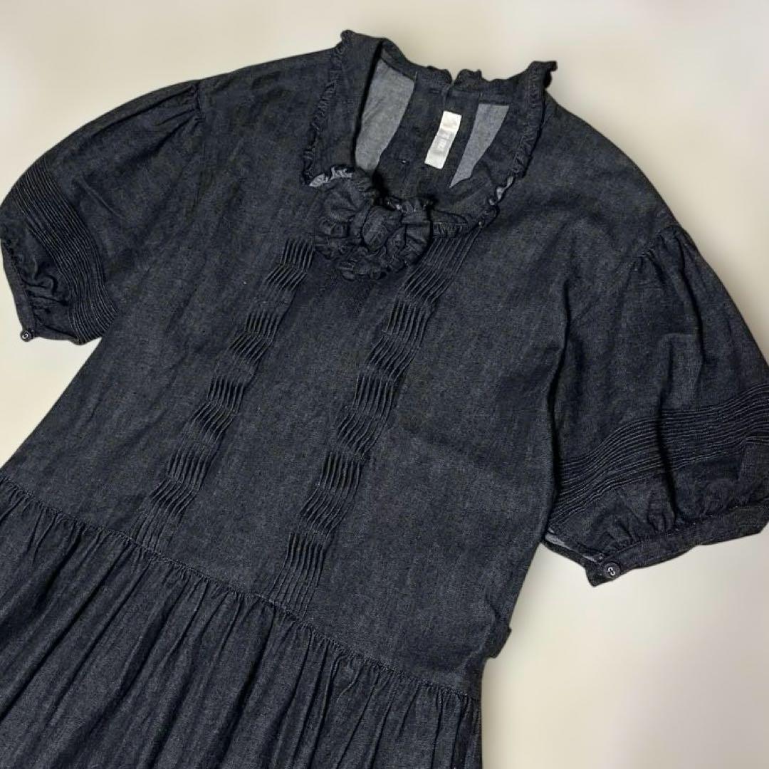 ピンクハウス　デニム　リボン　フリル　ピンタック　ロングワンピース　ブラック