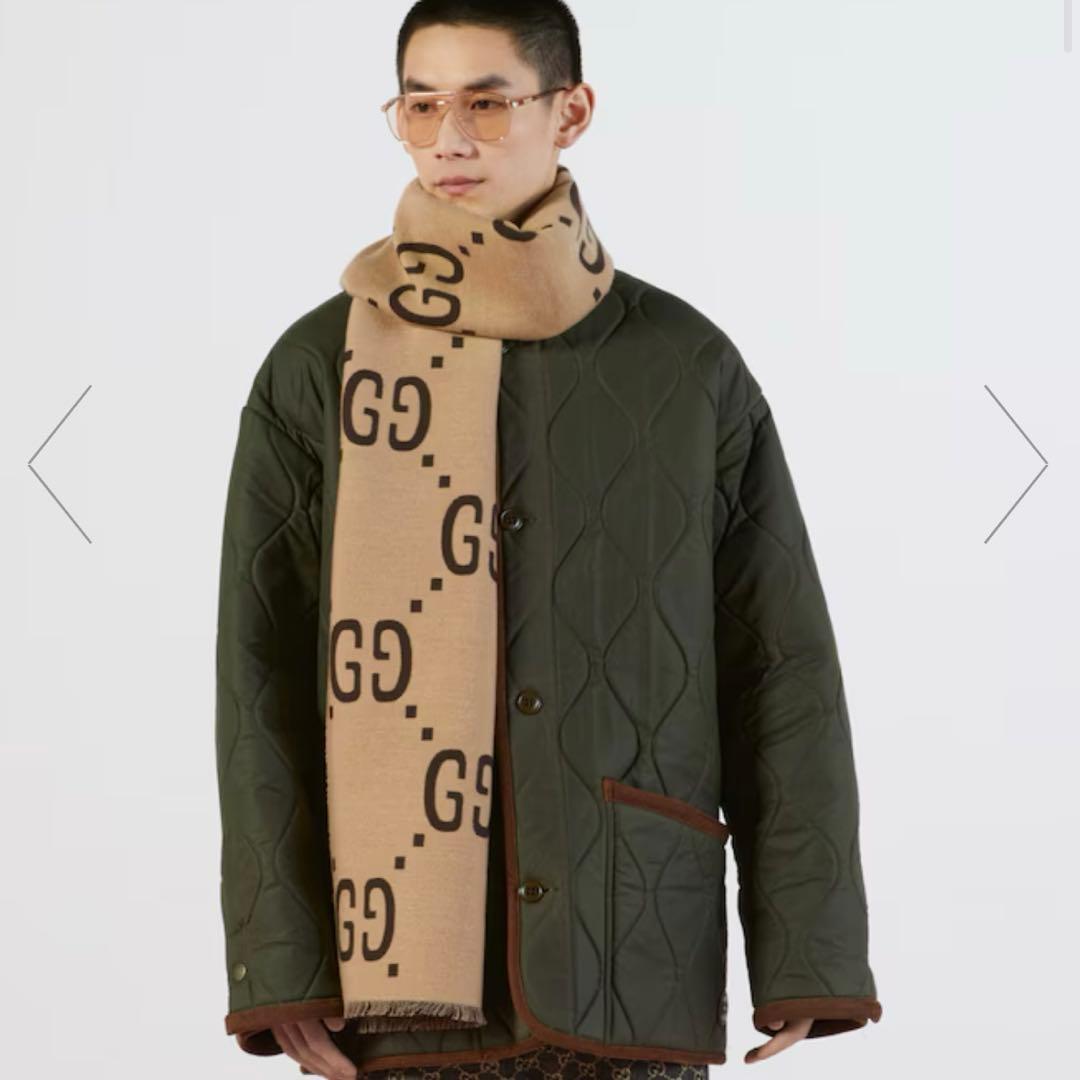 GUCCI GGジャカード ウールシルク スカーフ ベージュ