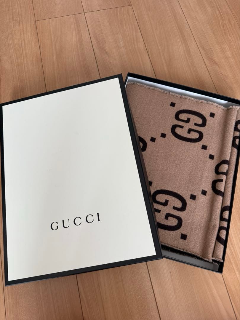 GUCCI GGジャカード ウールシルク スカーフ ベージュ