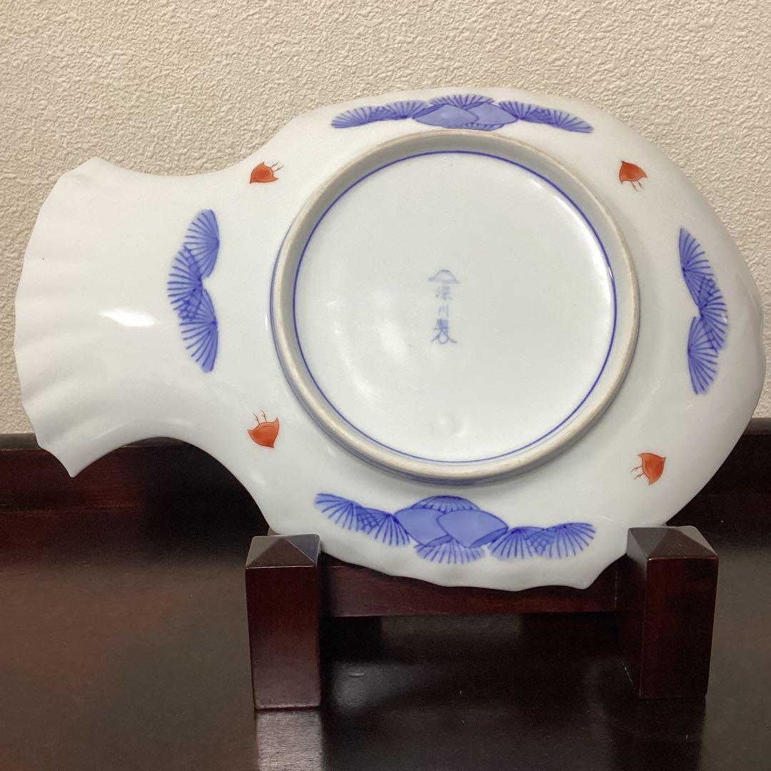 【深川製磁】宮内庁御用達　古伊万里鳳凰割地紋　魚型皿