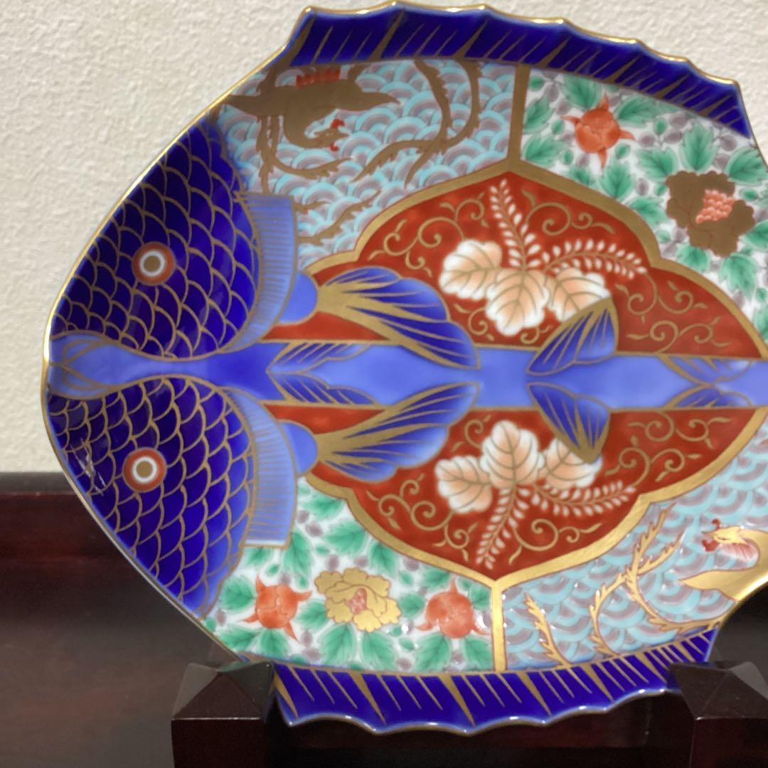 【深川製磁】宮内庁御用達　古伊万里鳳凰割地紋　魚型皿