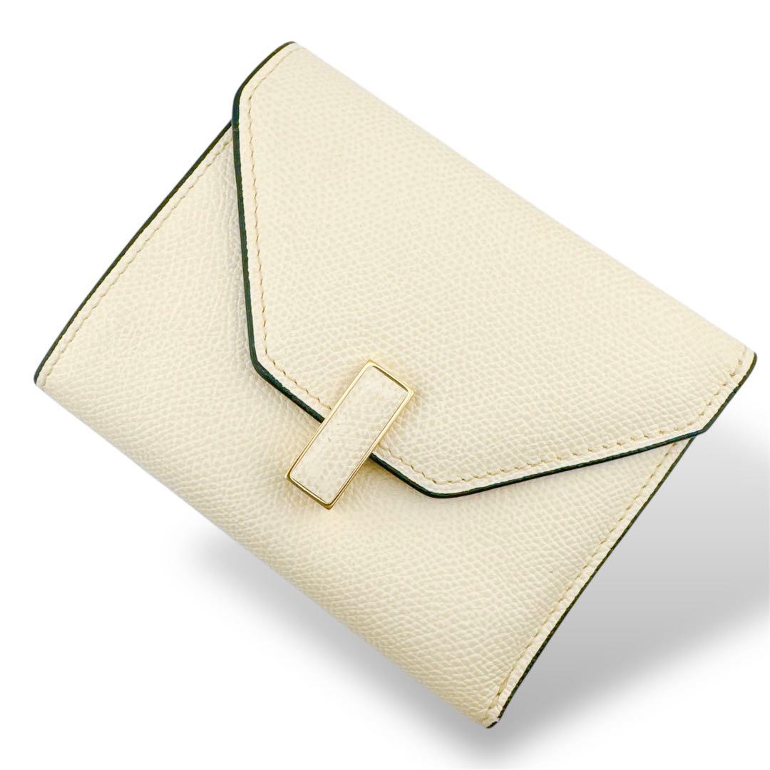 美品◇ヴァレクストラ レザー イジィデ 三つ折り財布 アイボリー レディース