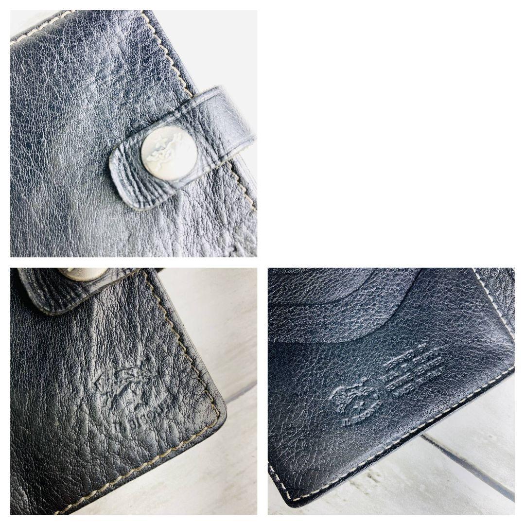 【希少　高級感漂う本革】ILBISONTE　折財布　黒　メタルボタン　白ステッチ