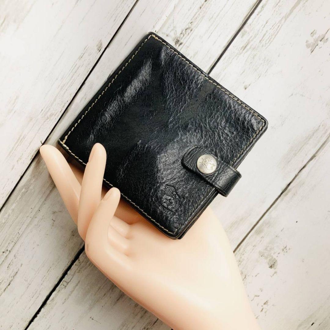 【希少　高級感漂う本革】ILBISONTE　折財布　黒　メタルボタン　白ステッチ