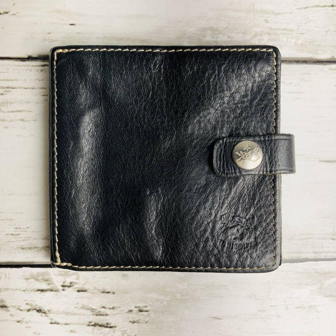 【希少　高級感漂う本革】ILBISONTE　折財布　黒　メタルボタン　白ステッチ